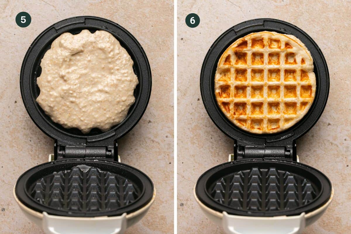 Waffle batter added to a hot mini waffle maker and a second picture of the waffle browned and cooked. 