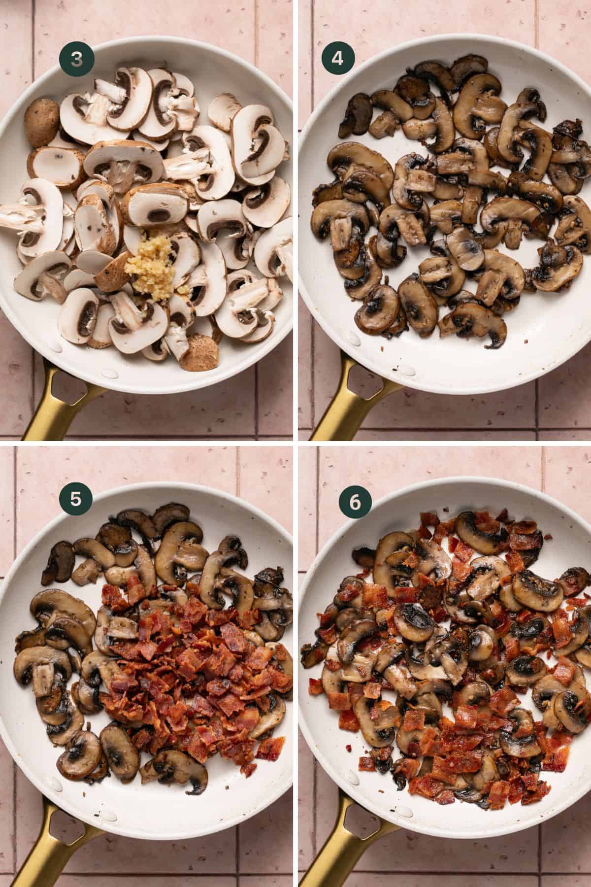 Four images showing the streps of cooking mushrooms and garlic in a large skillet and mixing in cooked bacon. 