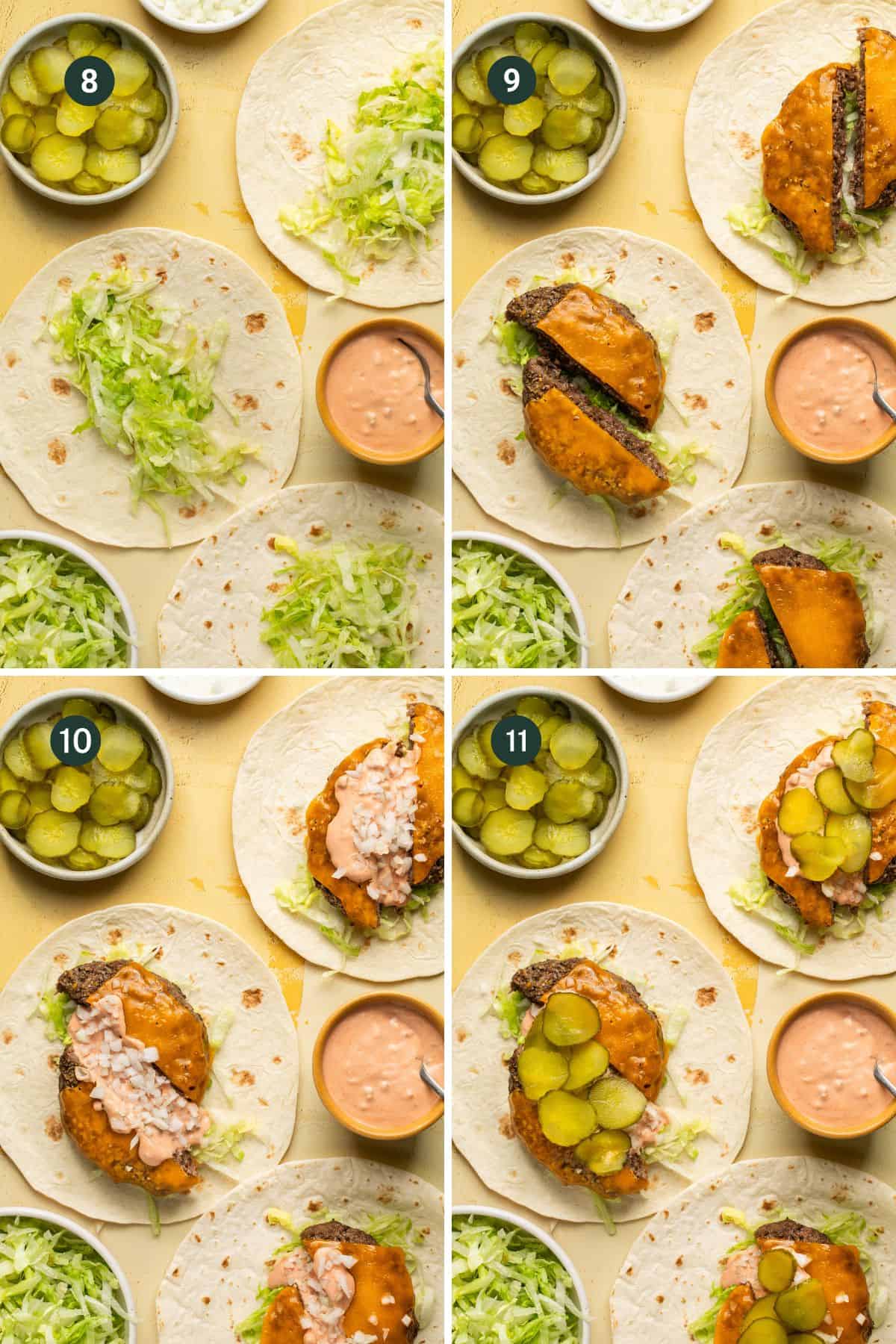 Step by step images showing how to top the tortilla with lettuce, then one burger cut in half, big mac sauce, white onions and lastly dill pickles. 