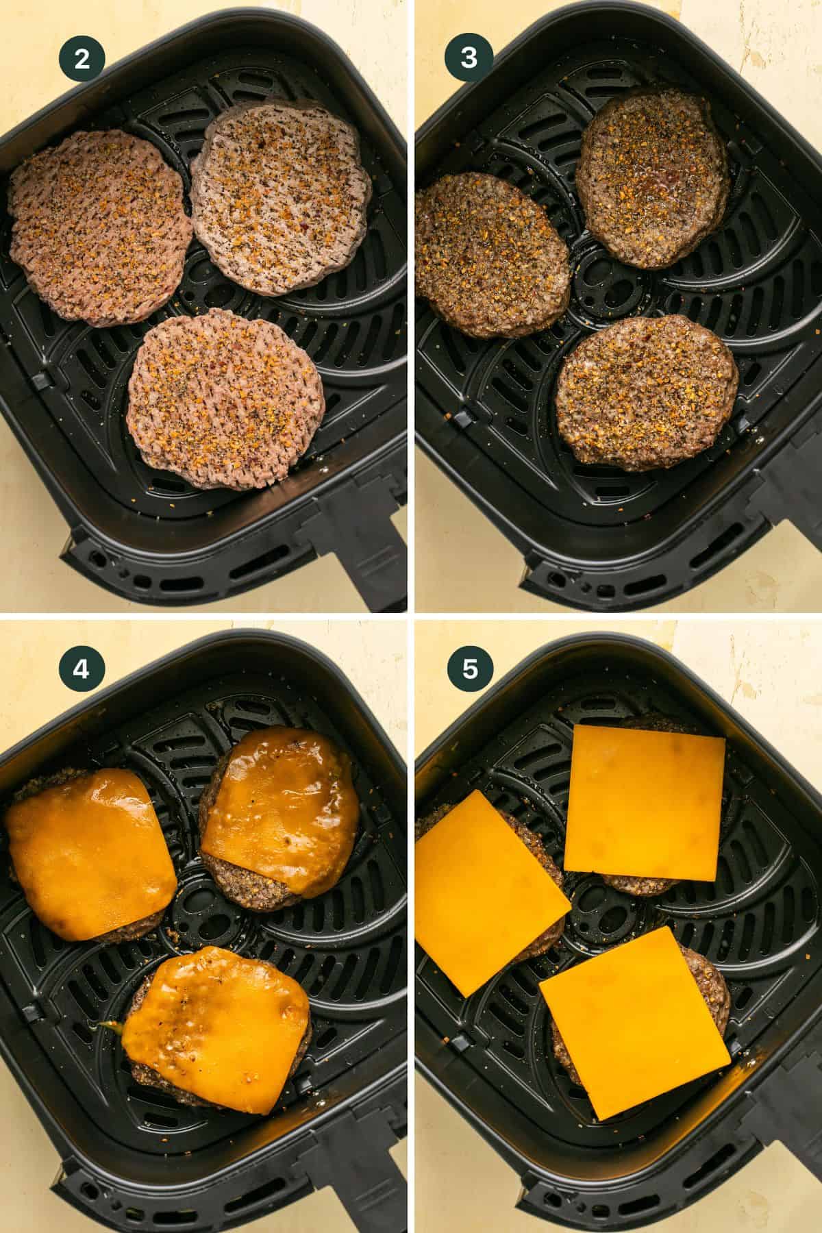 Four images showing the streps of adding frozen burgers to the air fry, cooking and topping with cheese to melt. 