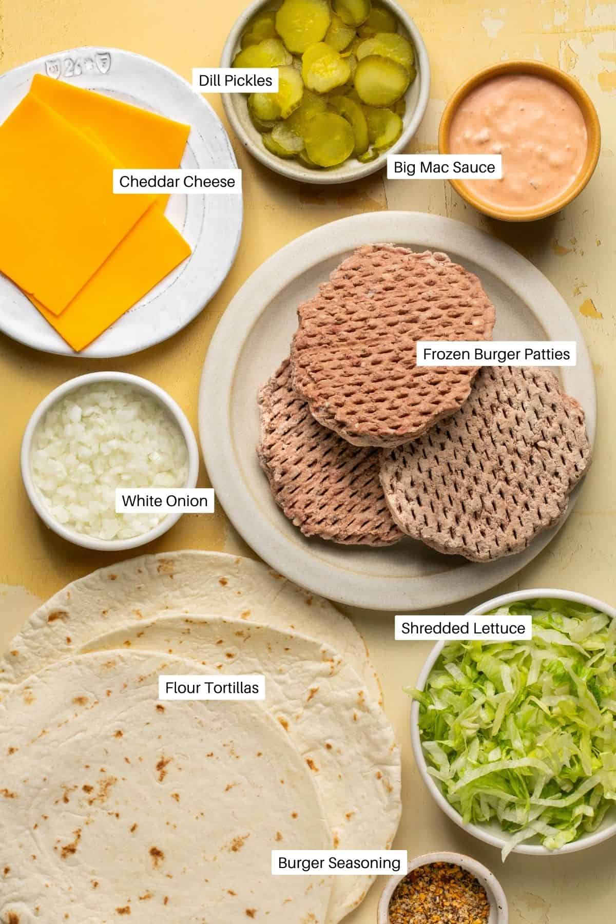Frozen burger patties, tortillas, cheddar cheese slices, burger seasoning, Big Mac sauce, shredded lettuce, white onion and dill pickles for Big Mac wraps. 