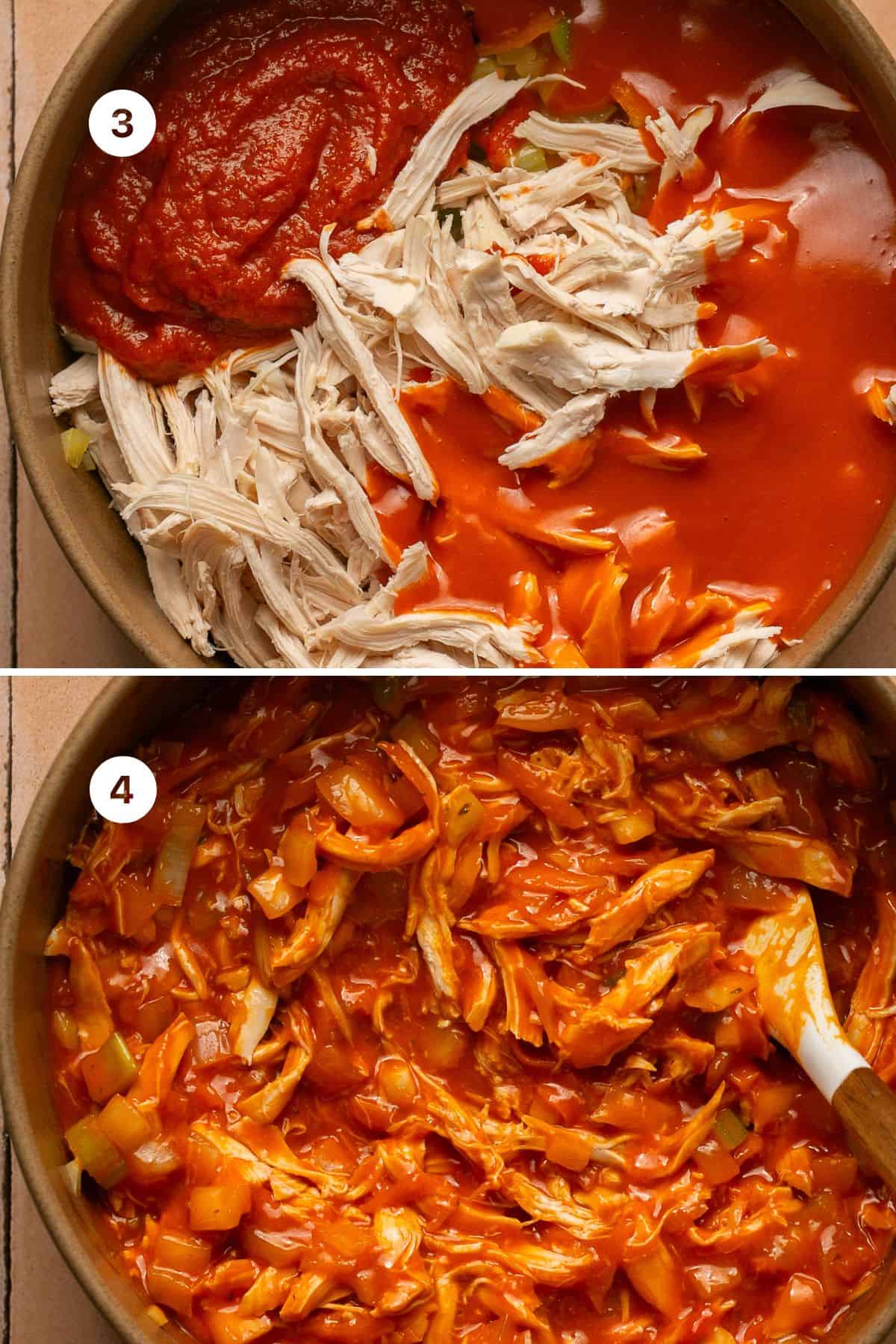 Chicken, marinara sauce, buffalo sauce mixed in a mixing bowl with sauteed vegetables. 