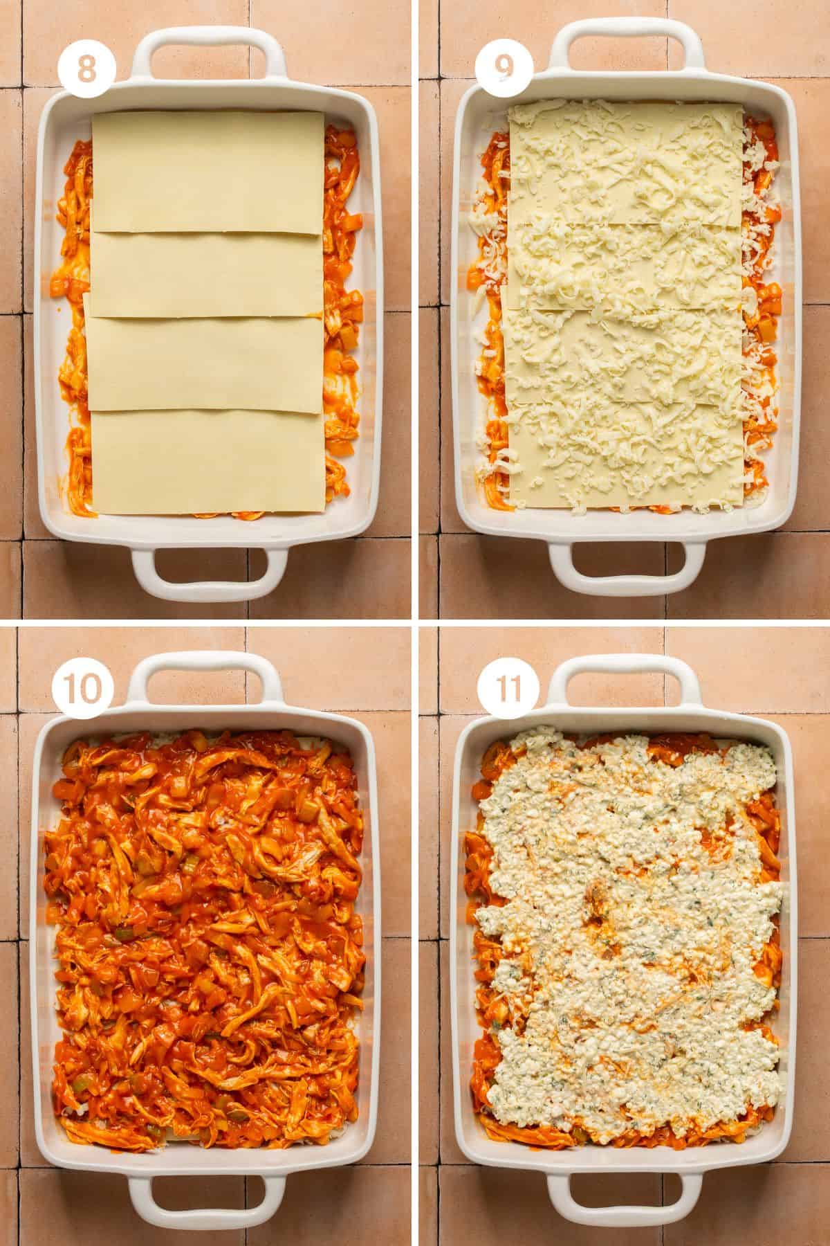 Four images showing laying the lasagna with noodles, cheese, chicken mixture and cottage cheese filling.