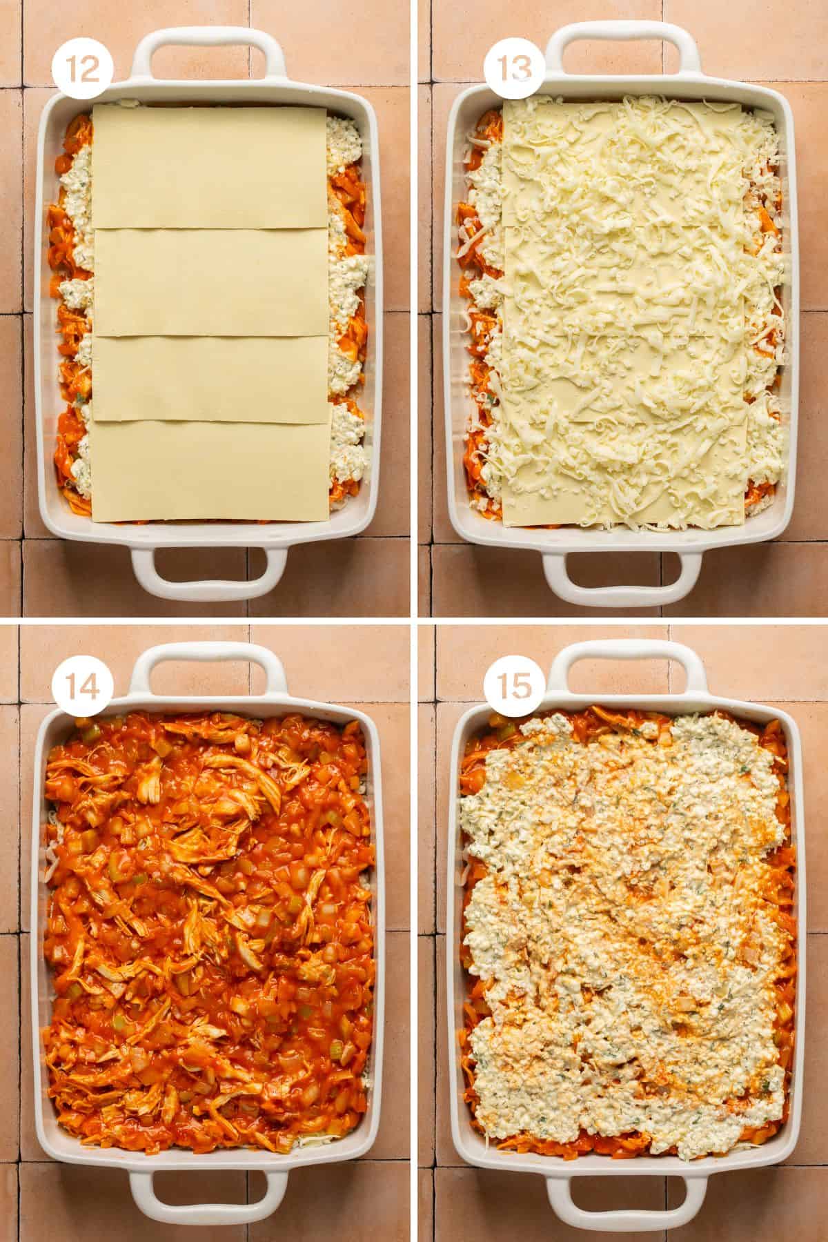 Four images showing the second layers or the lasagna with noodles, cheese, chicken mixture and cottage cheese filling.