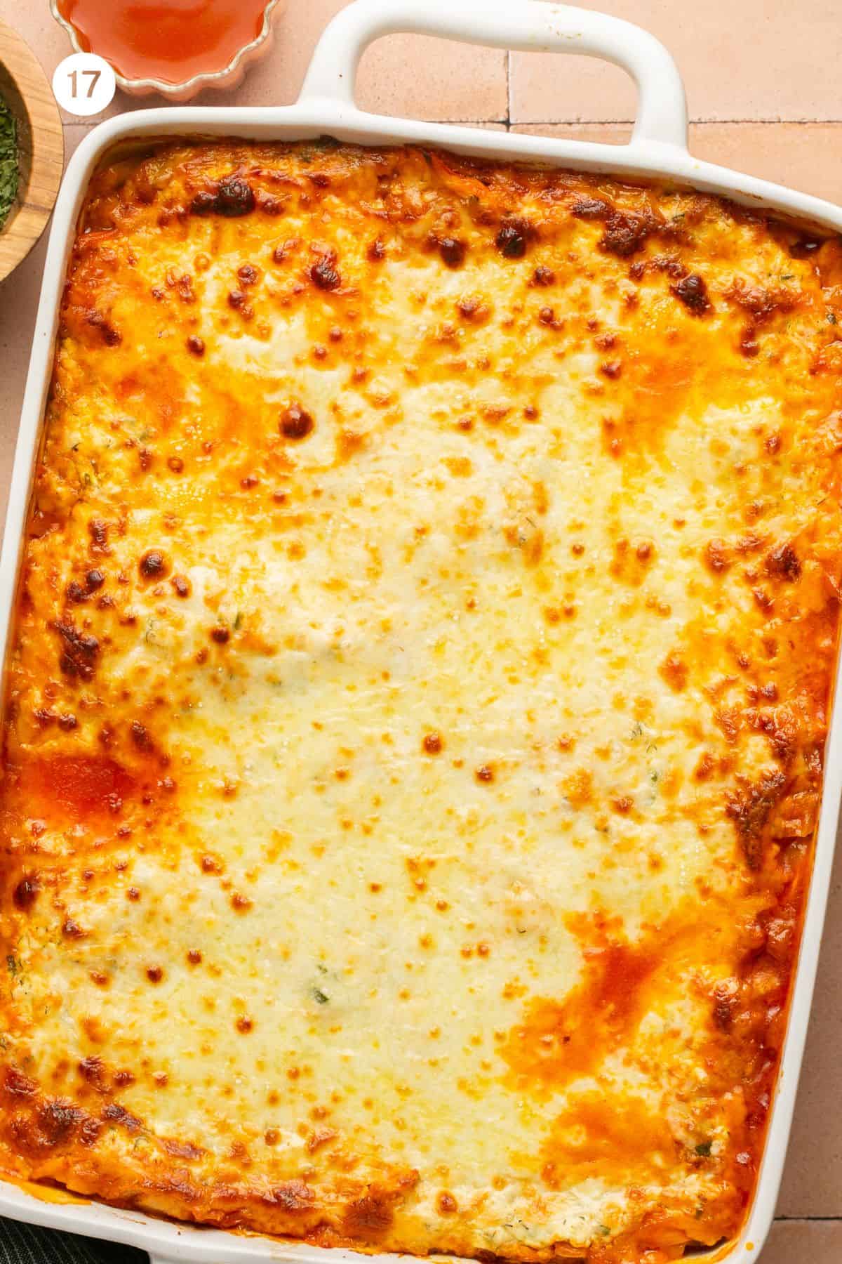 Baked and browned lasagna straight out of the oven. 
