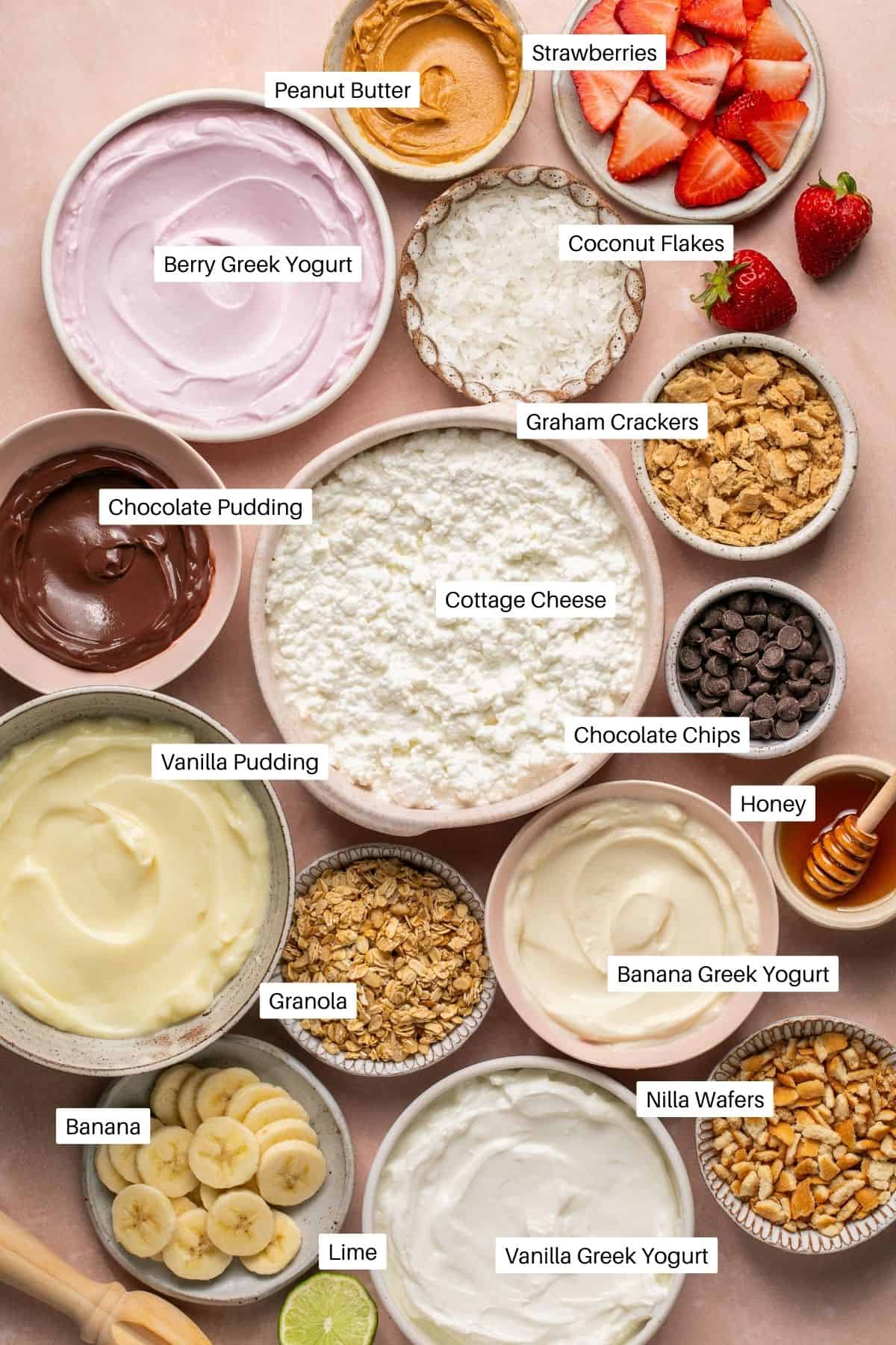 Cottage cheese, greek yogurt, pudding and toppings for sweet cottage cheese bowls. 