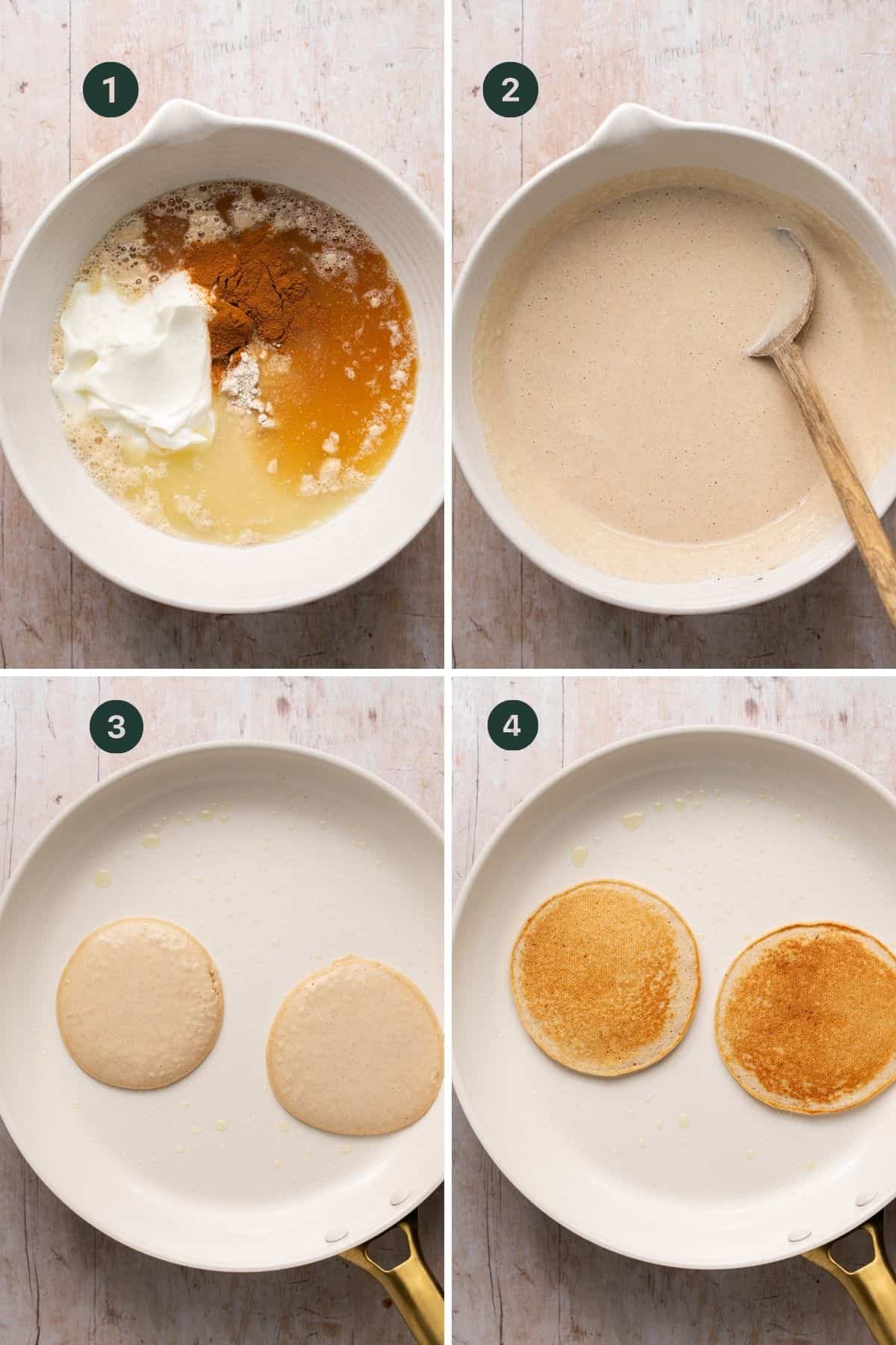 Four process images showing pancake batter mixed in a mixing bowl and scoops added to a hot pan to brown on both sides. 