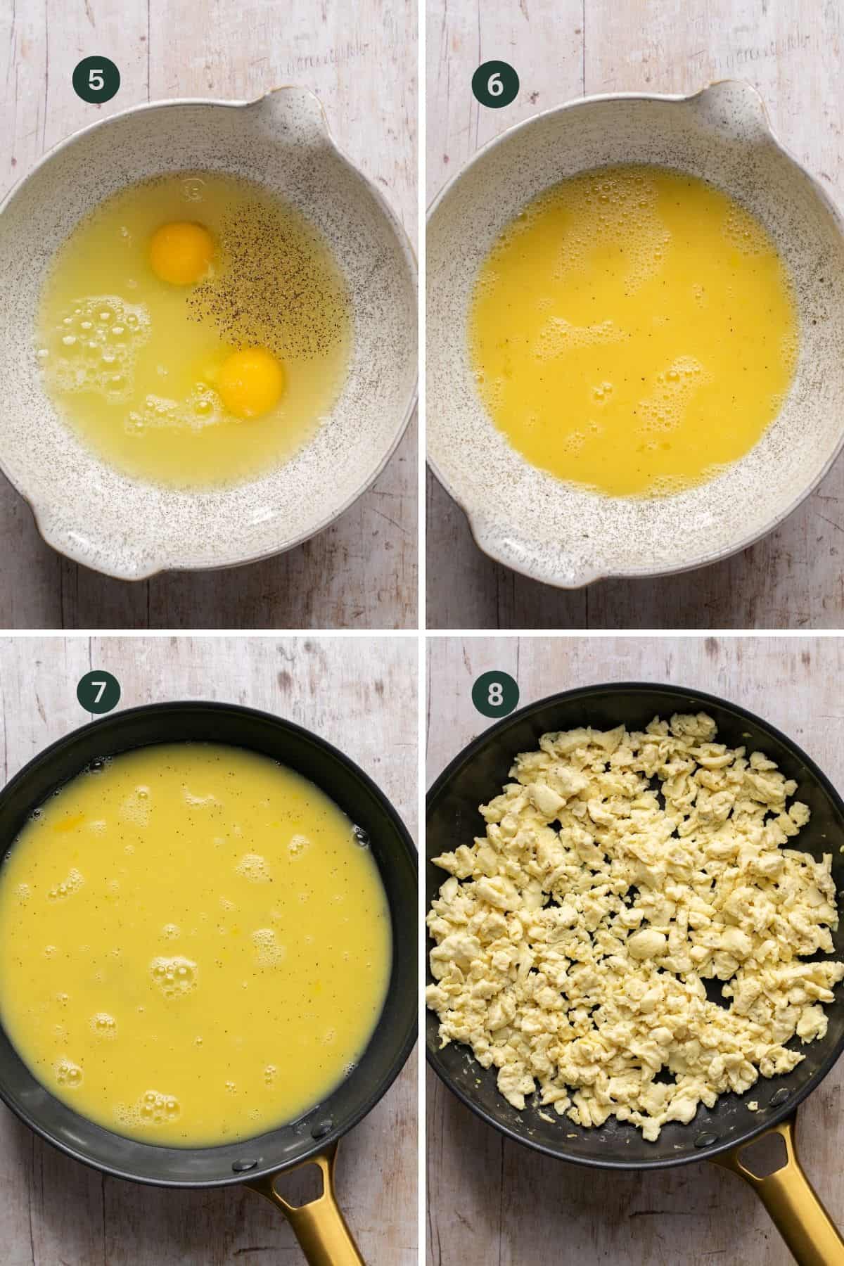 Four process images showing eggs, egg whites, salt and pepper added to a bowl, mixed and added to a hot pan to scramble. 