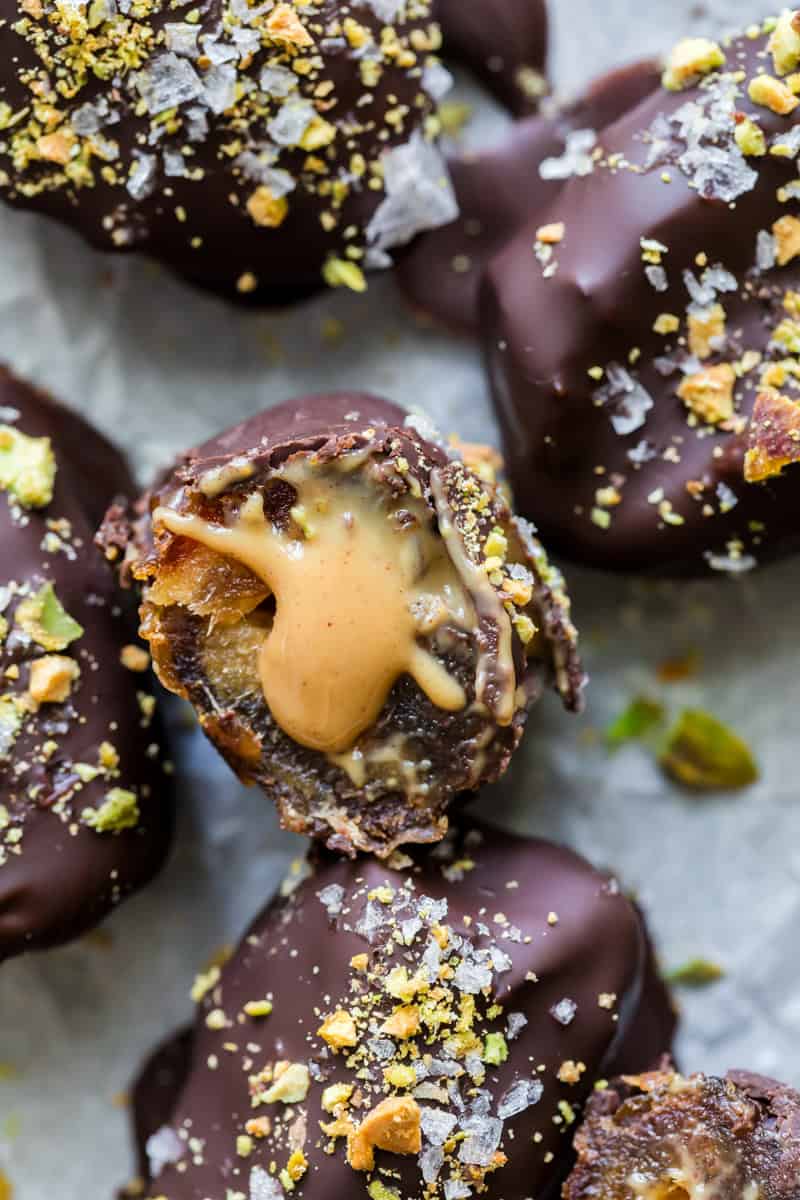 Pistachio Peanut Butter Chocolate Covered Dates - Oh Snap Macros