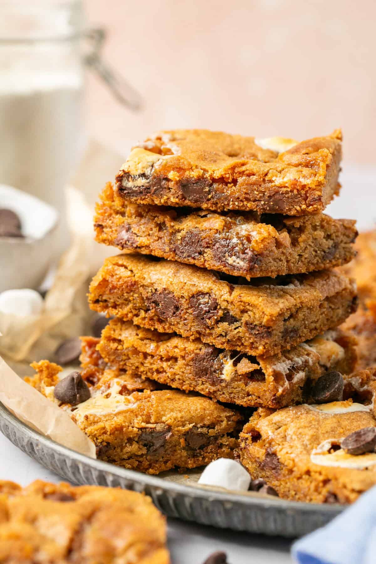 Stacked cookie bars on a plate. 