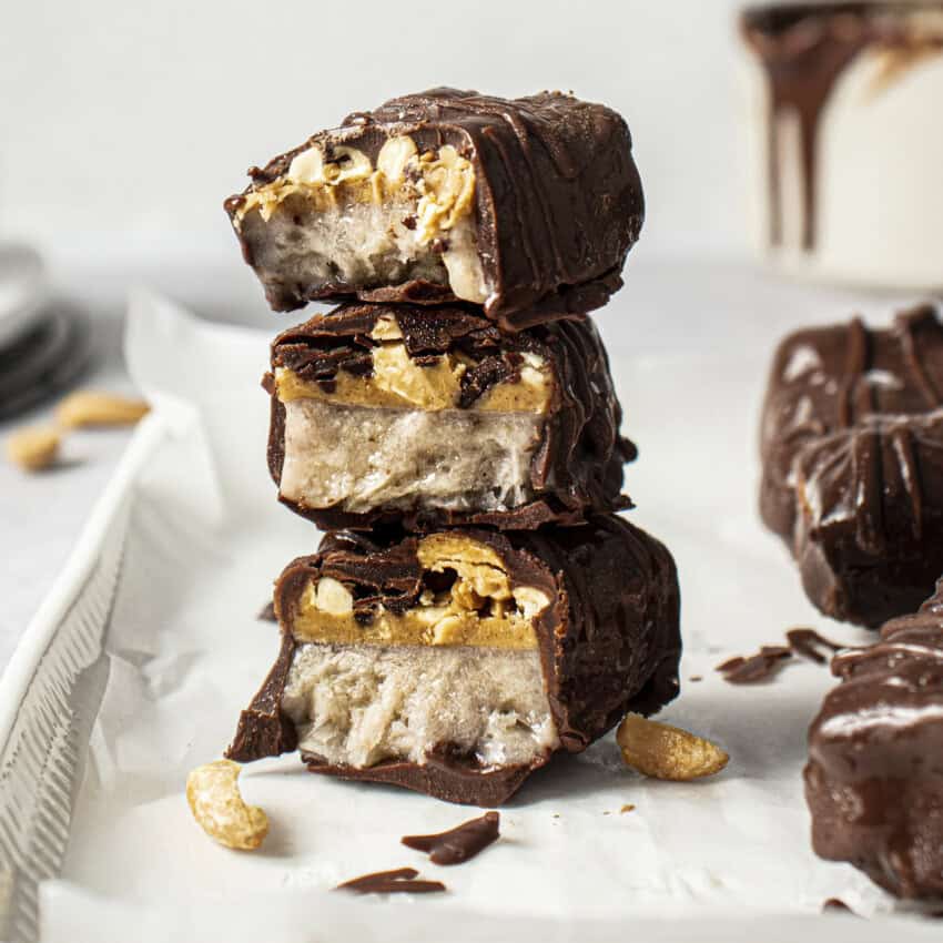 Three stacked frozen banana bars.