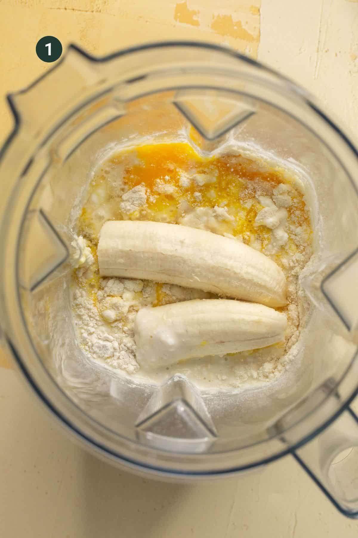 Flour, banana, milk, cottage cheese, protein powder, salt, honey and eggs in a blender.