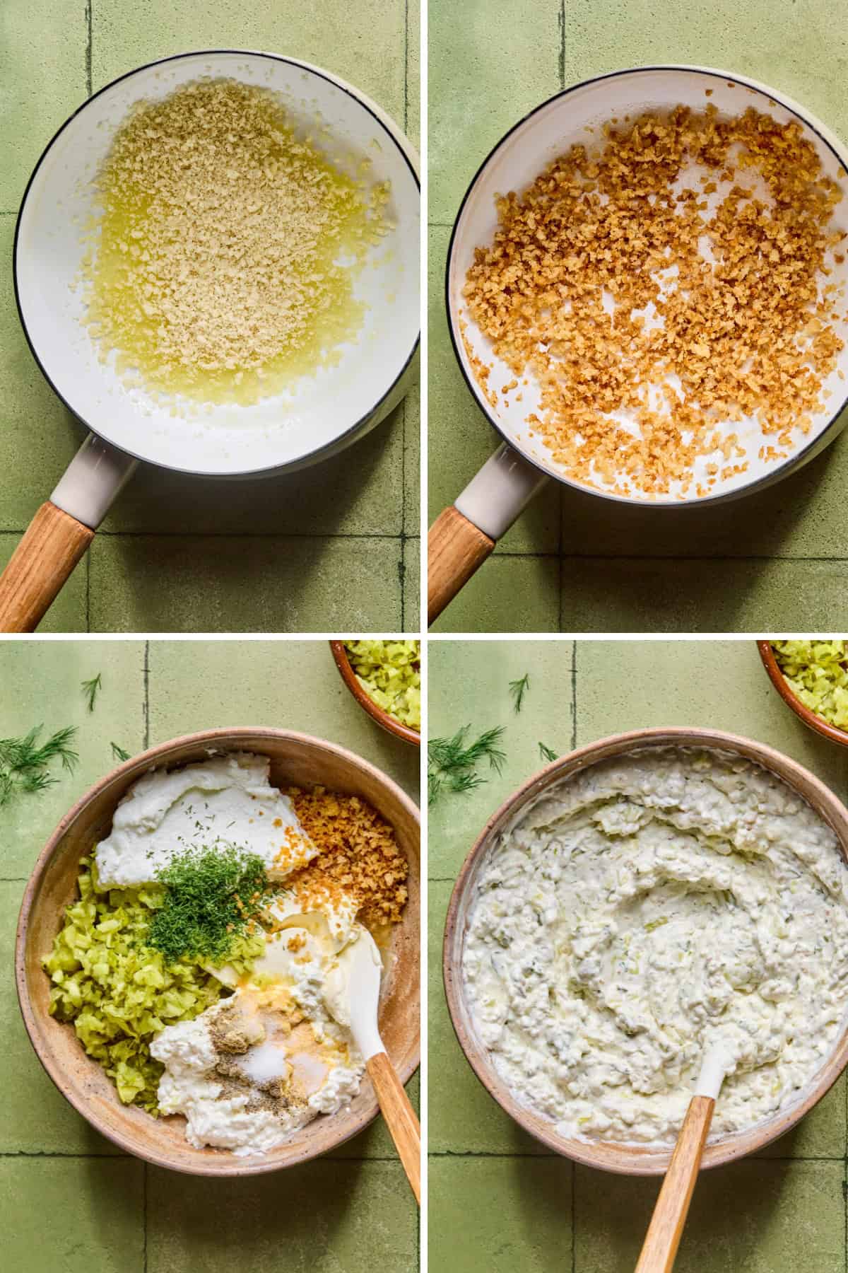 Four images show the steps of making fried pickle dip: toasting breadcrumbs in a pan, adding toasted crumbs, herbs, and diced pickles to a bowl with creamy ingredients, then mixing everything together.
