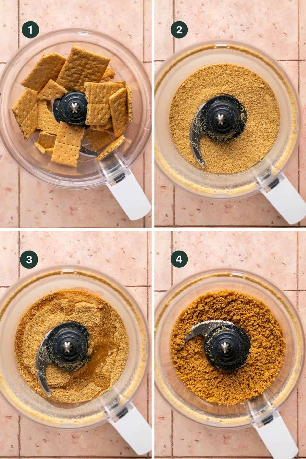 Four images showing the process of adding the graham crackers to the food processor and pulsing and adding melted coconut oil to get them into wet sand.