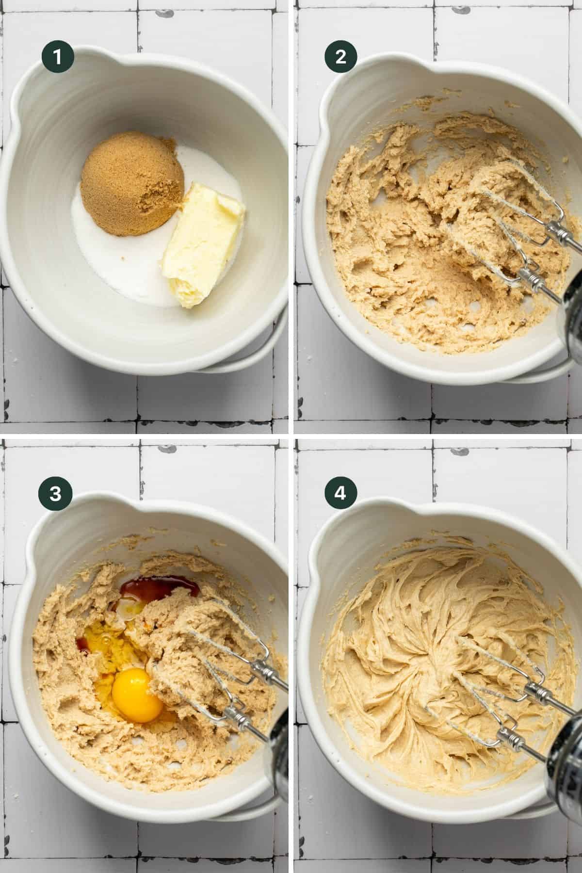 4 images showing adding the butter and sugar to a bowl and creaming together then adding the egg and vanilla and mixing to combine.