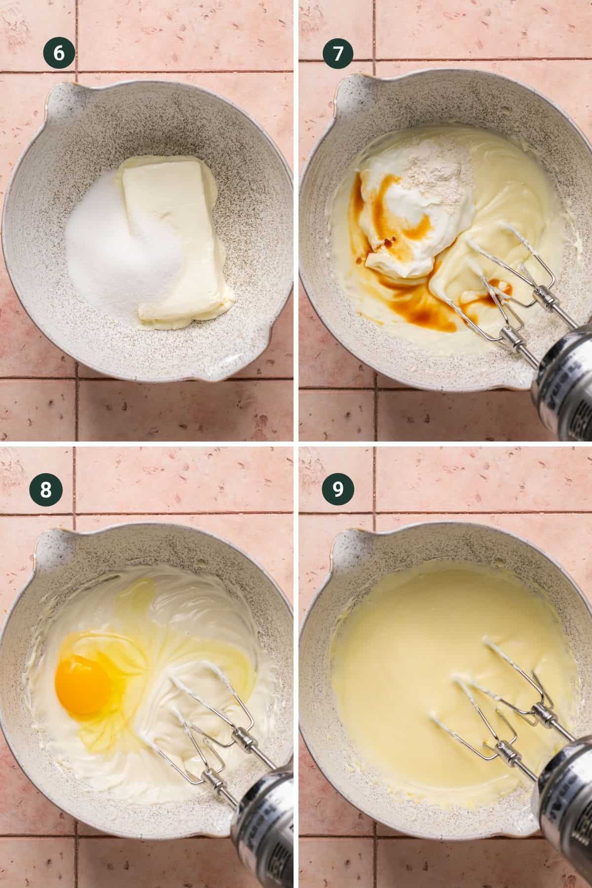Four images showing the process of adding the sugar, cream cheese, vanilla, greek yogurt and egg to make the filling. 