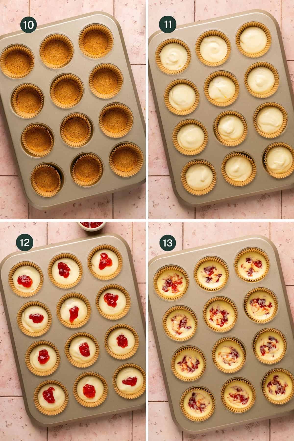 Four images showing the baked graham cracker crust being filled with cheesecake filling and strawberry jam and baked. 