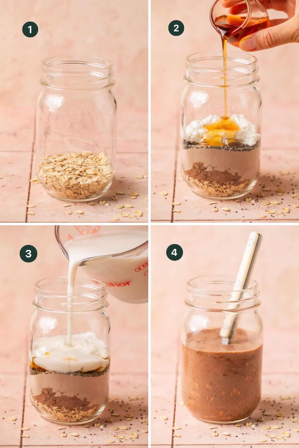 Four images showing adding oats, honey and almond milk to the rest of the ingredients in a mason jar and stirring to combine.