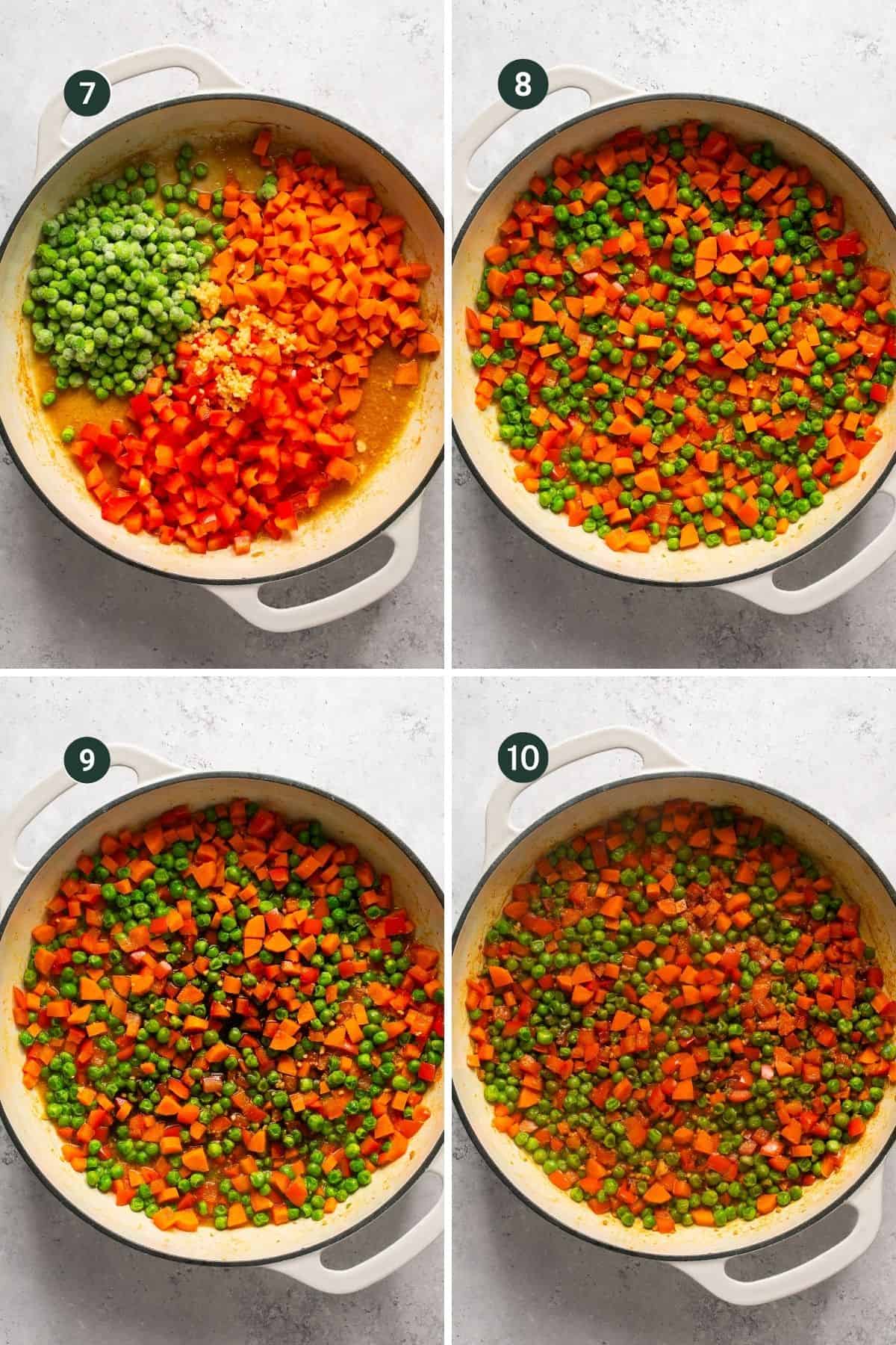 Four images showing how to cook chopped carrots, bell peppers, garlic, peas and carrots in a pan and top with coconut aminos.