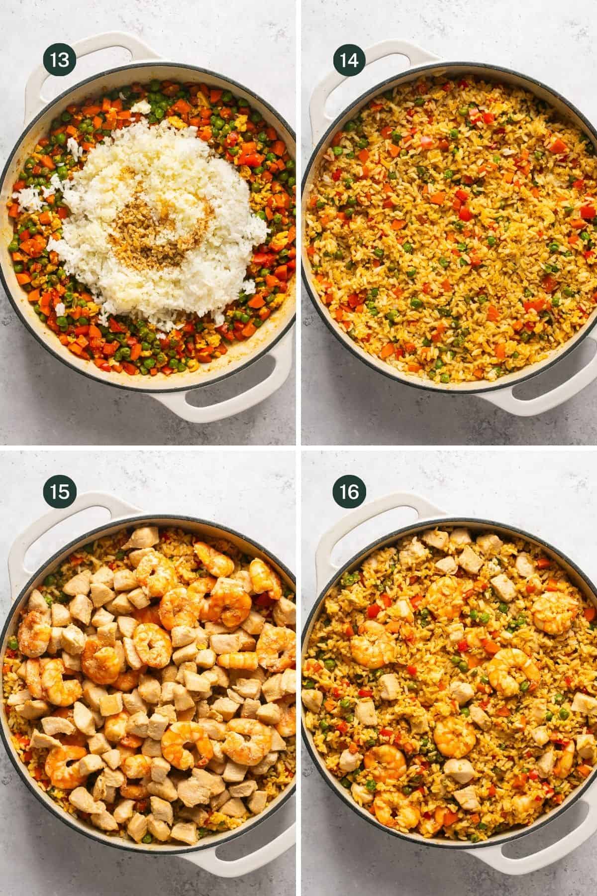 4 images showing how to add the cauliflower rice, white rice and coconut aminos to the pan and combine and then add the cooked chicken and shrimp.