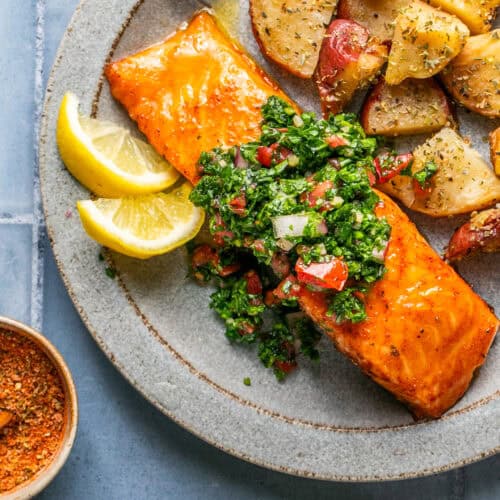 Sweet Heat Baked Salmon with Easy Chimichurri Sauce - Oh Snap Macros