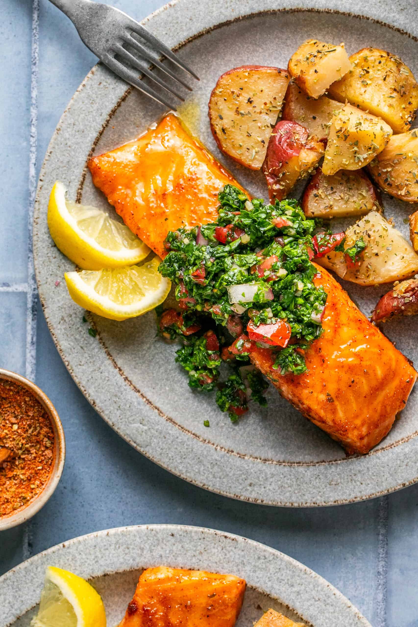 Sweet Heat Baked Salmon with Easy Chimichurri Sauce - Oh Snap Macros