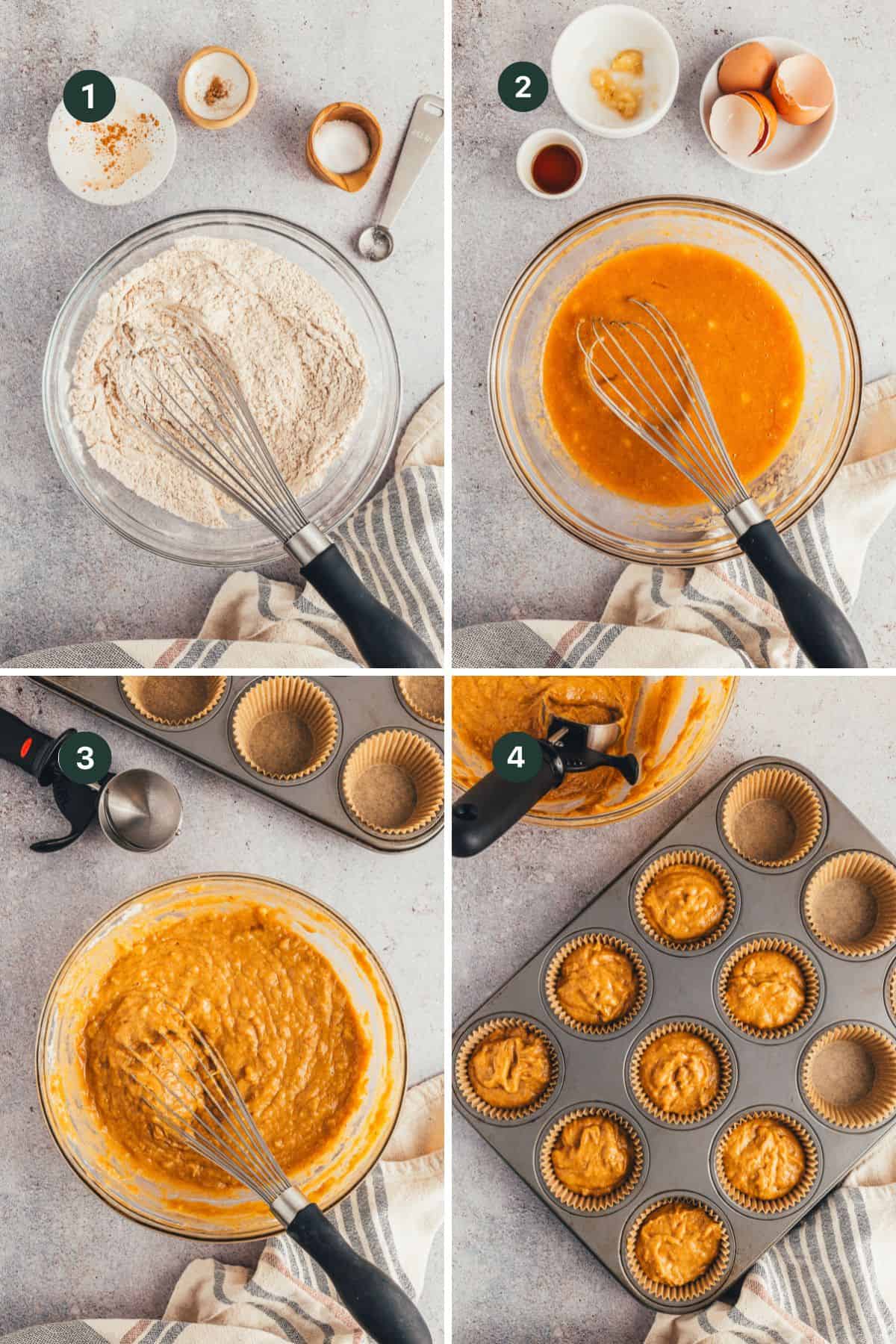 Four images showing whisking the dry ingredients and wet ingredients separately and then combining to make the muffin batter then adding to muffin cups in a muffin pan. 