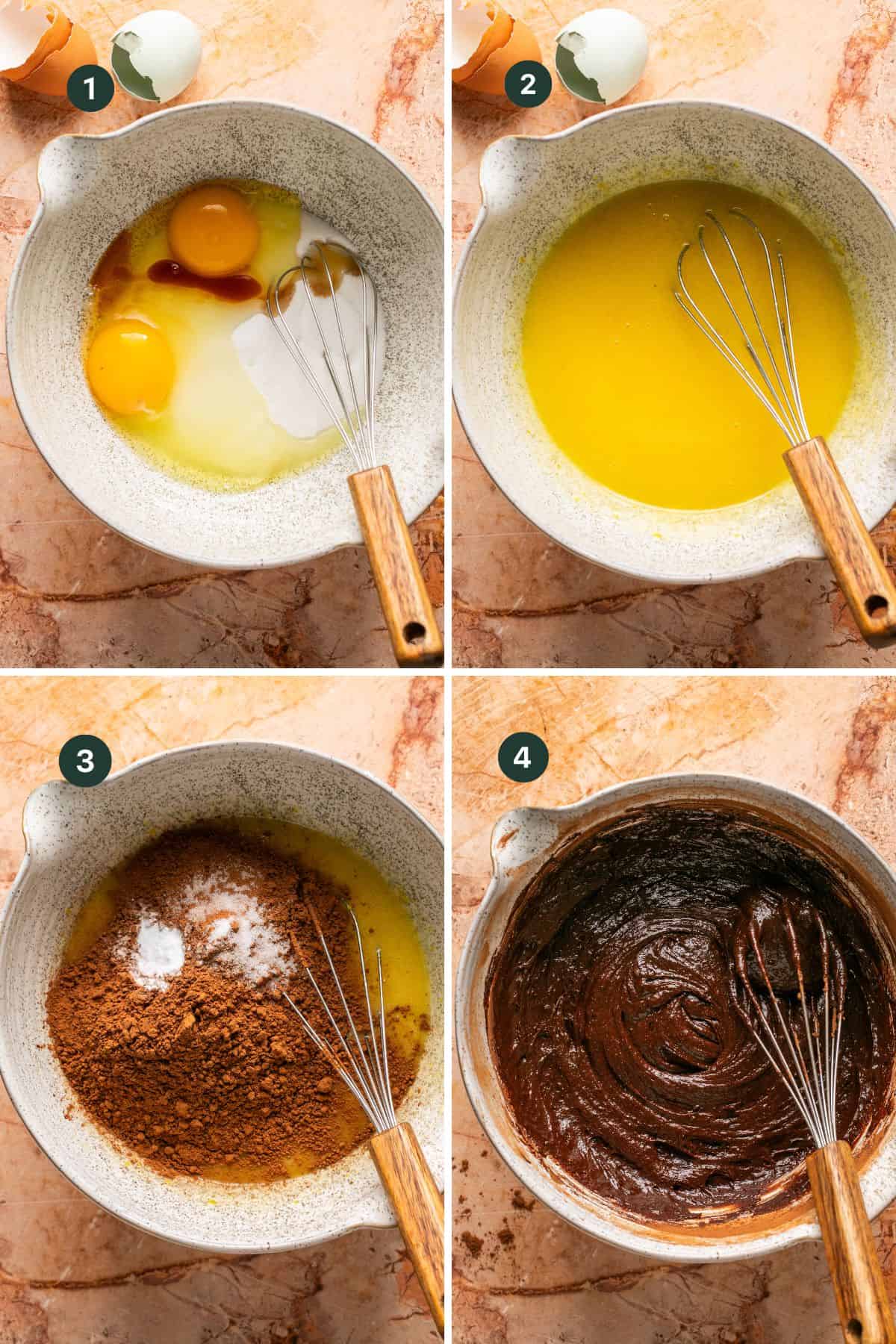 Four images showing steps mixing sugar. eggs, vanilla, melted butter, cocoa powder, salt and baking soda to a mixing bowl to form the chocolate batter.