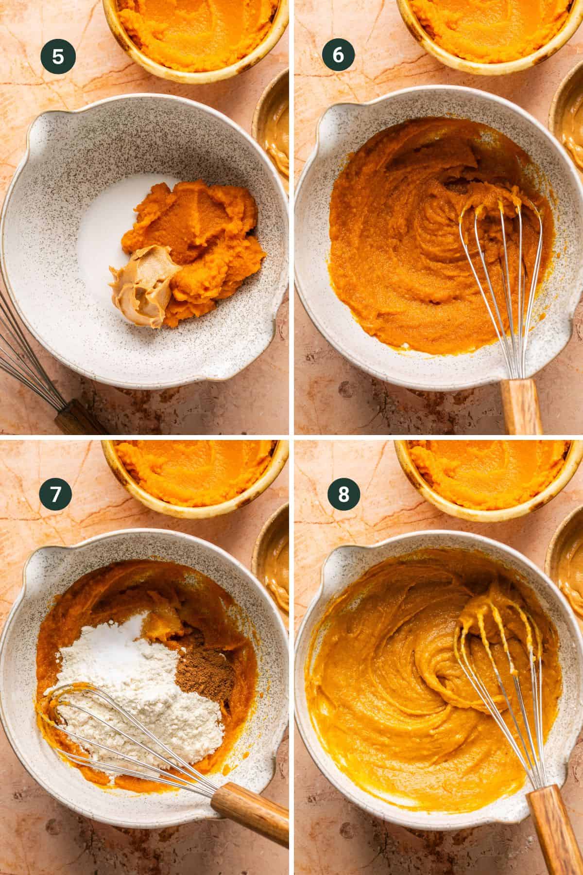 Four images showing how to mix the sugar, egg, pumpkin puree and peanut butter in a mixing bowl for the pumpkin batter.