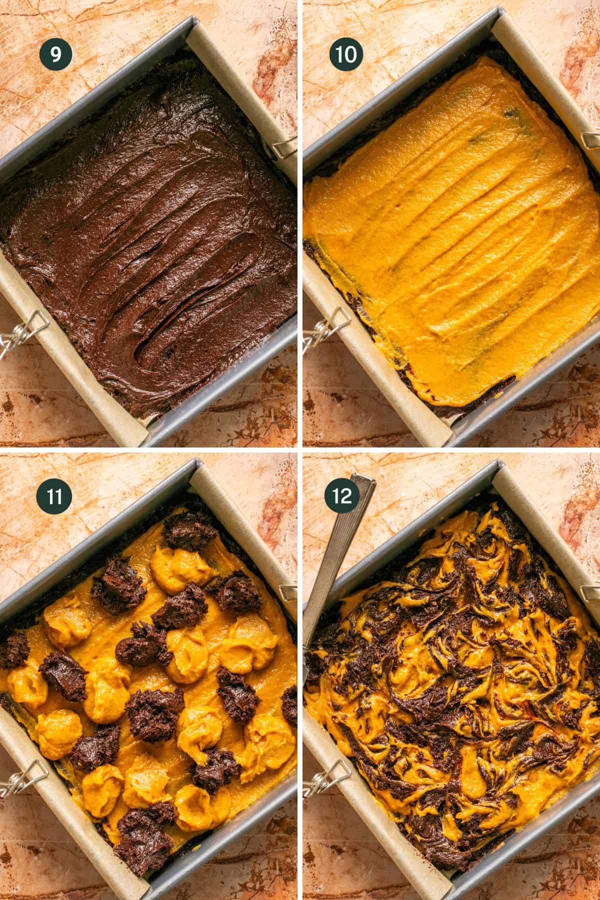 Four images showing one layer of chocolate batter, topped with a layer of pumpkin batter, following by dollops of both batters on top and then swirled together.