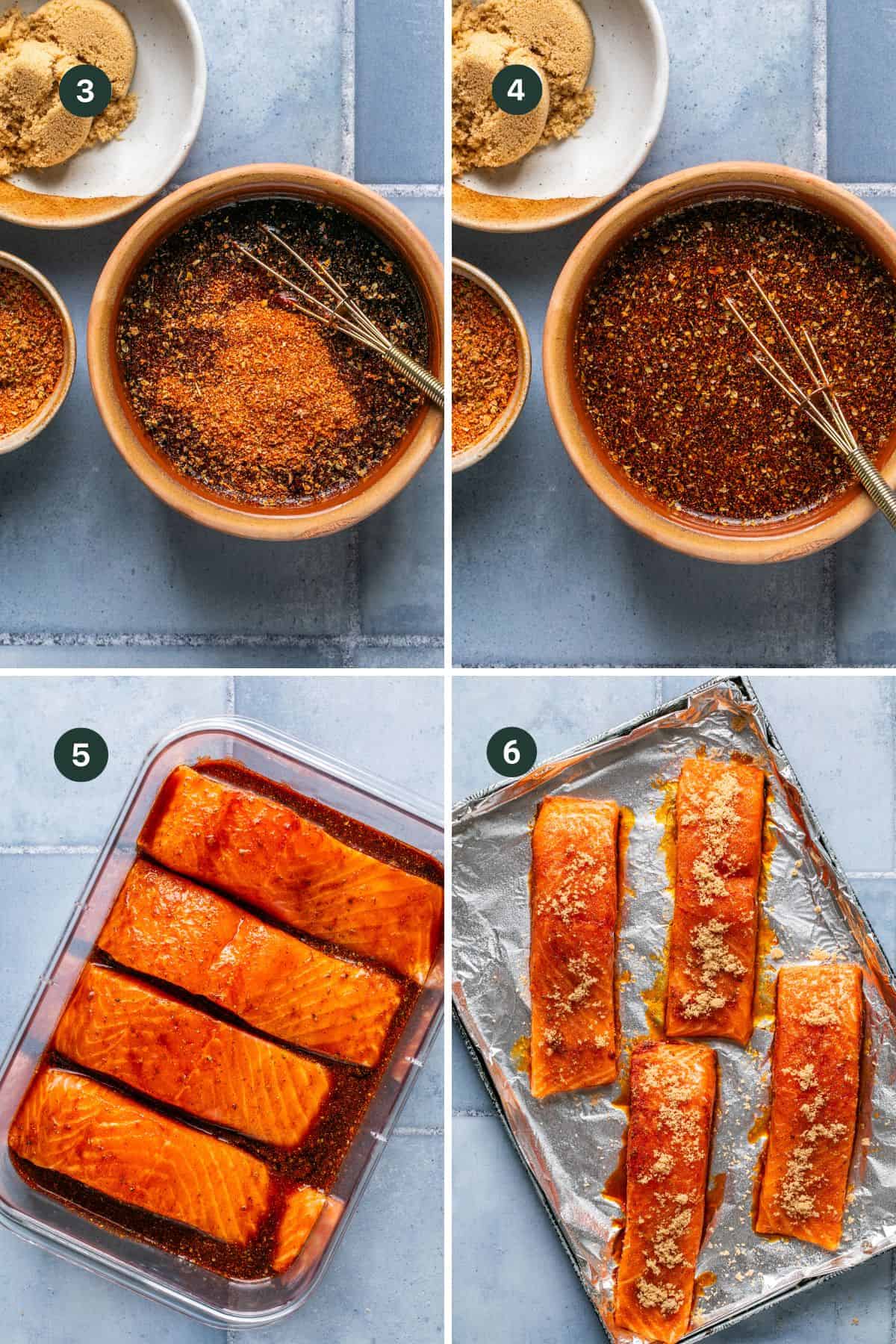 Four images showing the steps of making the salmon marinade, marinading the salmon and placing on a foil lined baking dish to bake. 