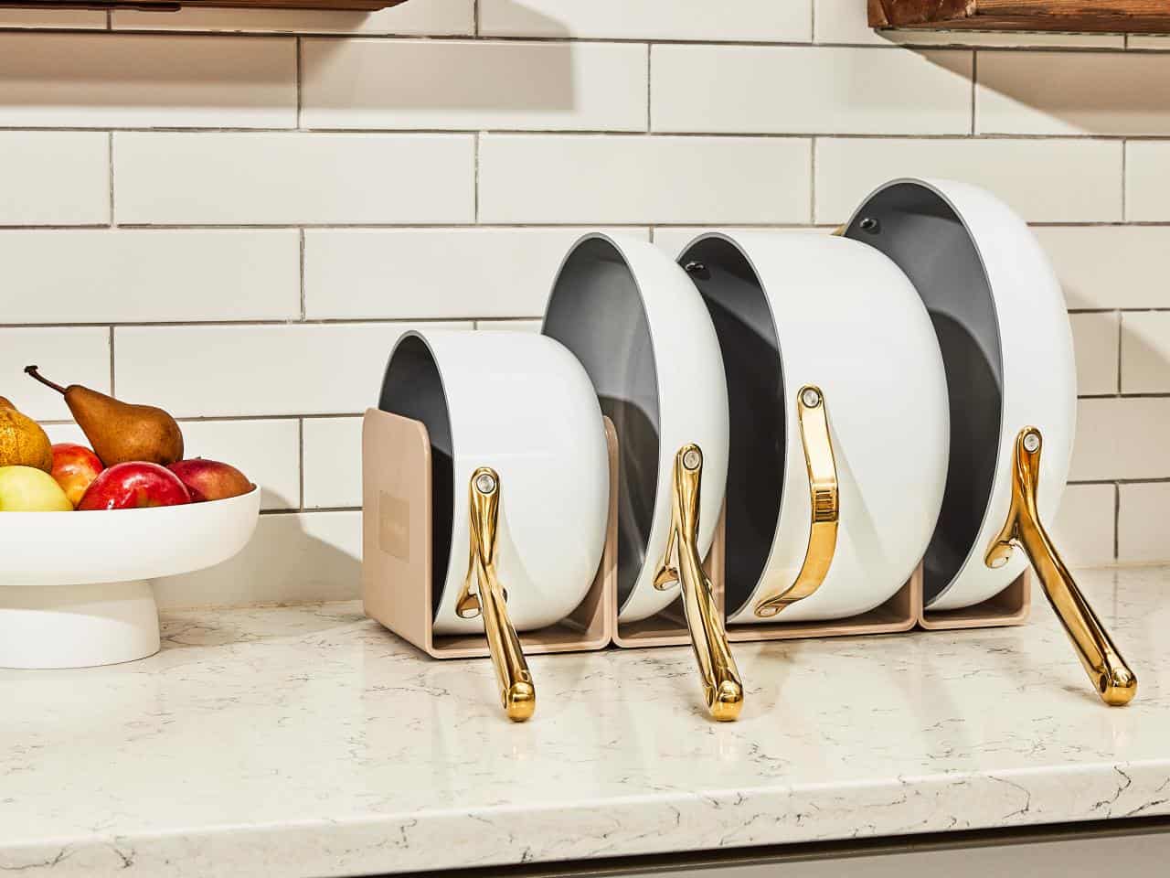 Caraway pans on a kitchen counter.