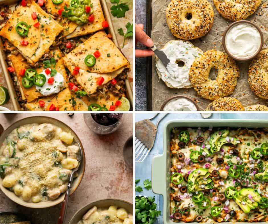 Four images from inside the cookbook High-Protein Macros Made Easy, quesadillas, bagels, gnocchi and enchilada casserole.