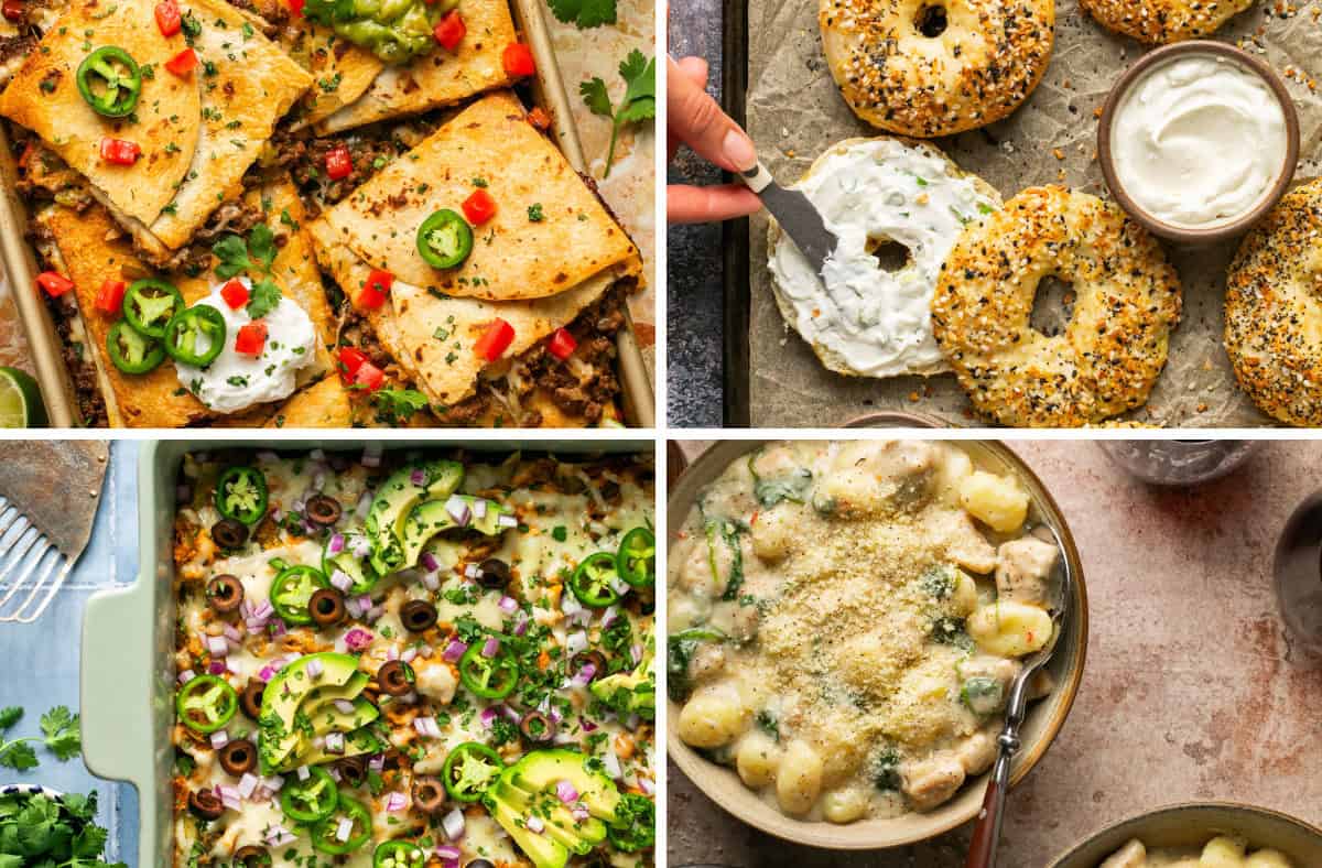 Four images from inside the cookbook High-Protein Macros Made Easy, quesadillas, bagels, gnocchi and enchilada casserole.