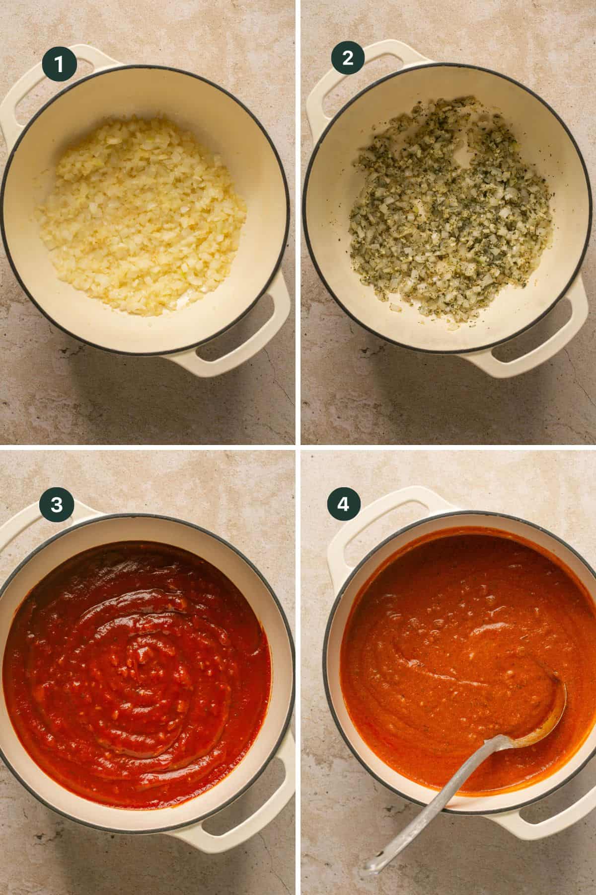 Four images showing cooking down the onions and garlic, adding basil oregano, salt and pepper and stirring and then adding the sauce ingredients before the final cream of cottage cheese. 