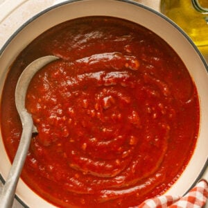 Big pot of tomato pasta sauce with a spoon for serving.