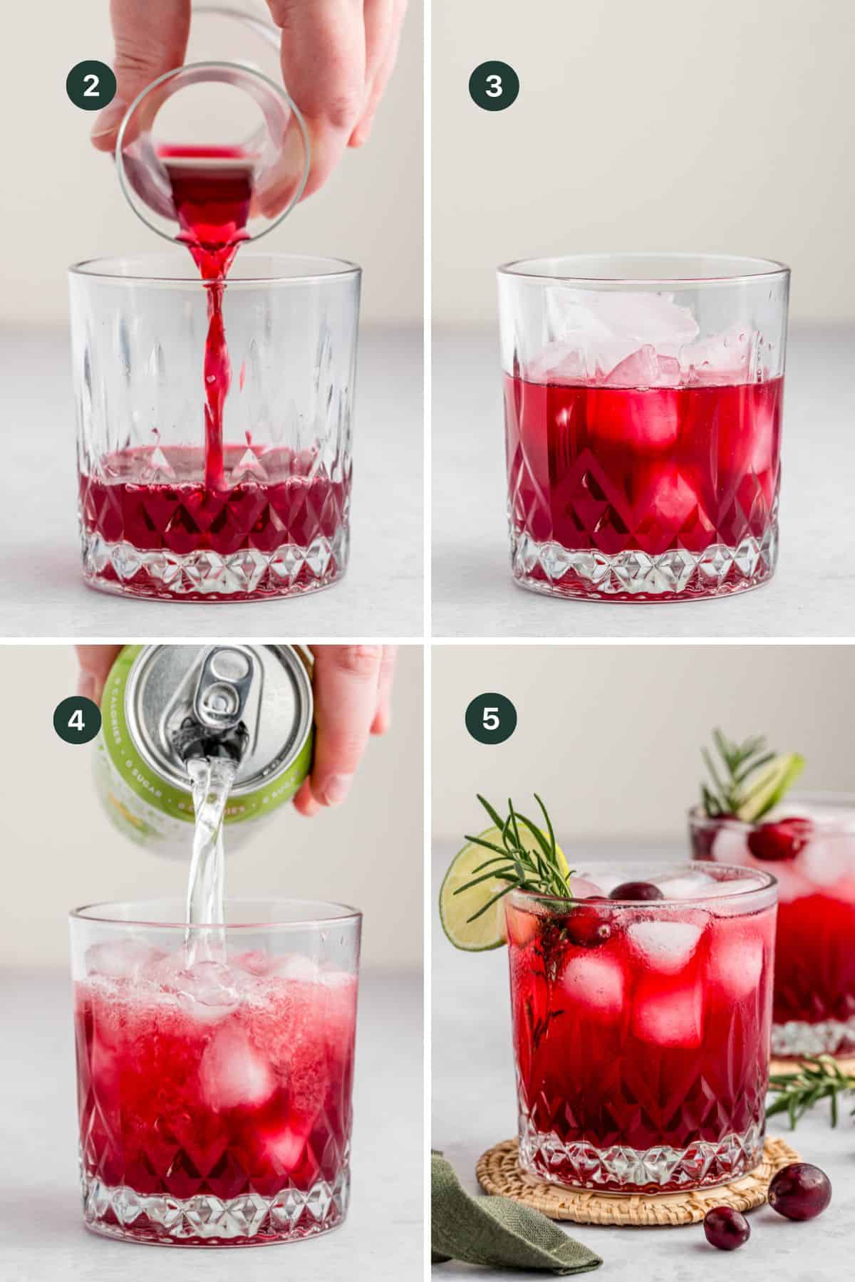 Four images showing a hard pouring the cranberry juice, adding ice to the cup, topping with seltzer water and garnished with rosemary, lime and cranberries. 