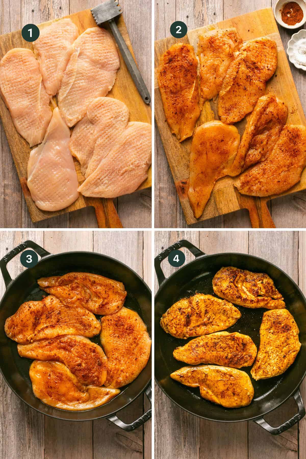 Four images showing butterflying the chicken breast, seasoning the chicken and cooking in a skillet. 