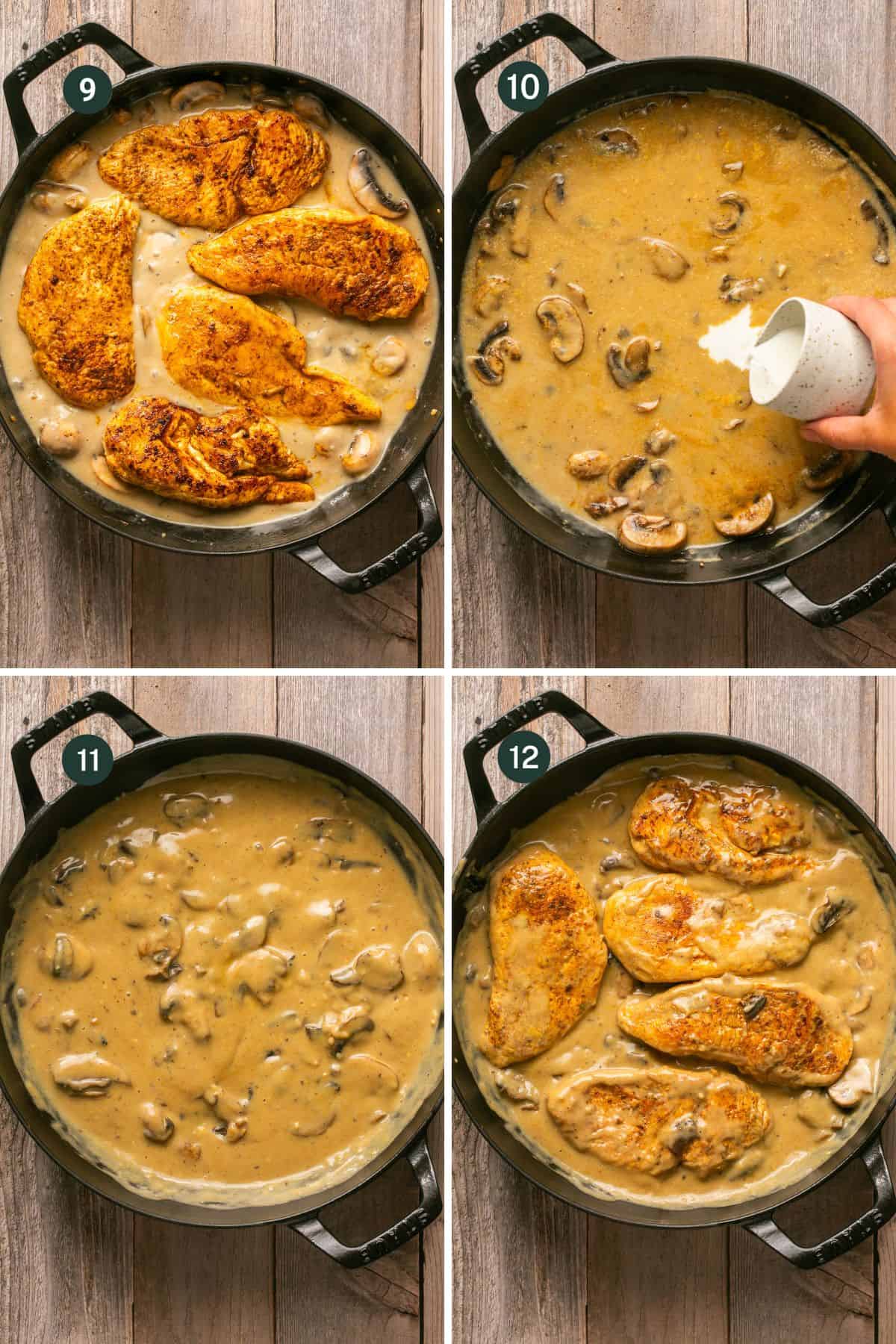 Four images showing the chicken returned to simmer in the sauce for 5 minutes, then removed to chicken with a cornstarch slurry and then return back to coat and serve with the sauce. 