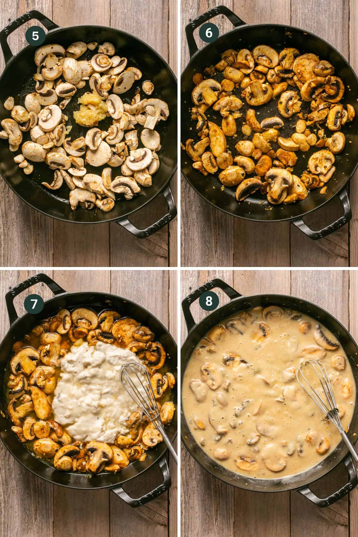 Four images showing sauteing the mushrooms in a skillet and adding the cream of mushroom soup and water to make a mushroom sauce. 