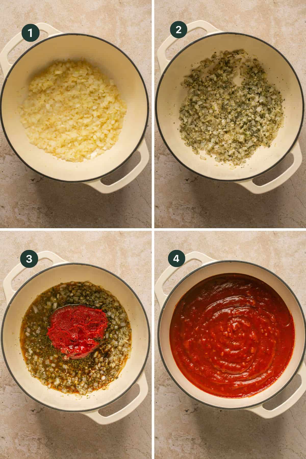 Four images showing sauteed onions and garlic, adding the spices, tomato sauce and coconut aminos for the pasta sauce. 