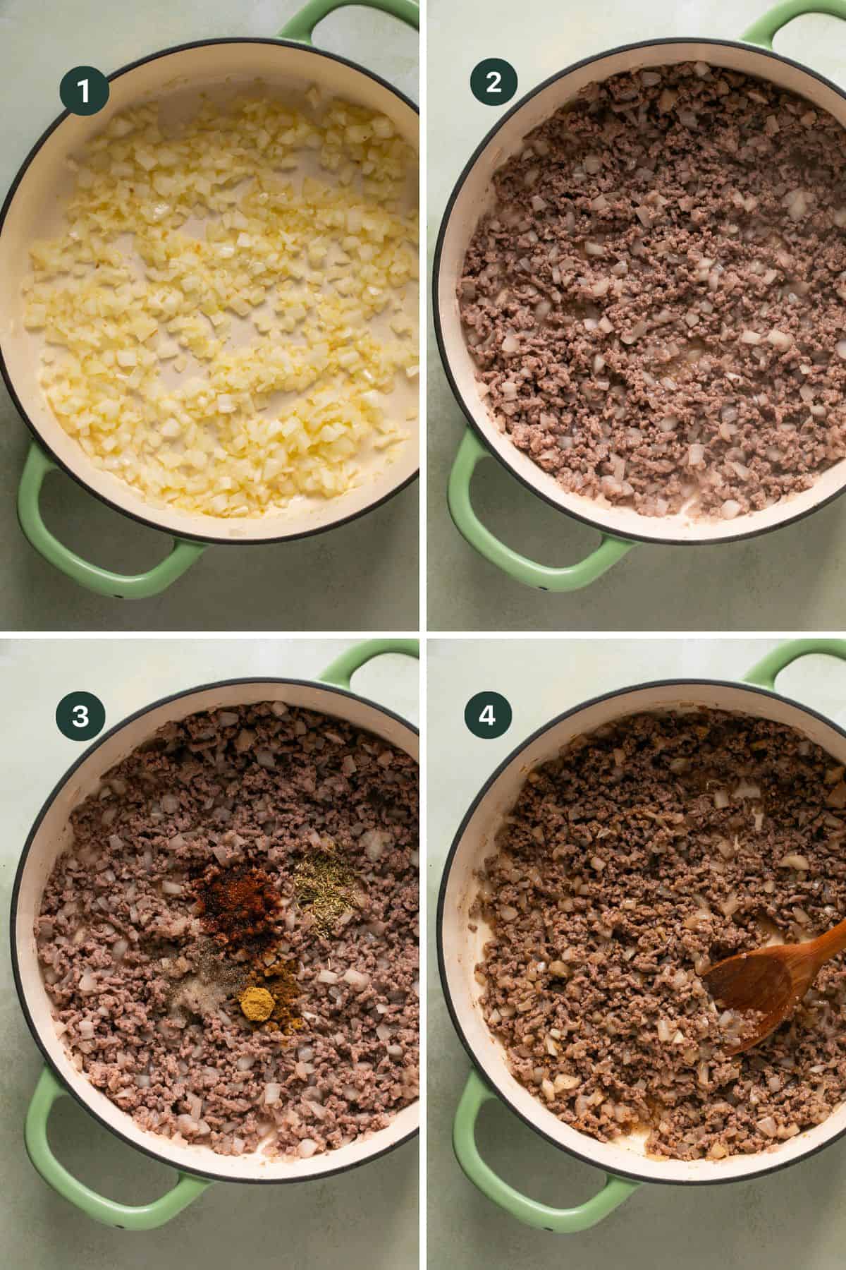 Four images showing sauteed garlic and onion, adding ground beef to brown and then added the spices to season the beef. 