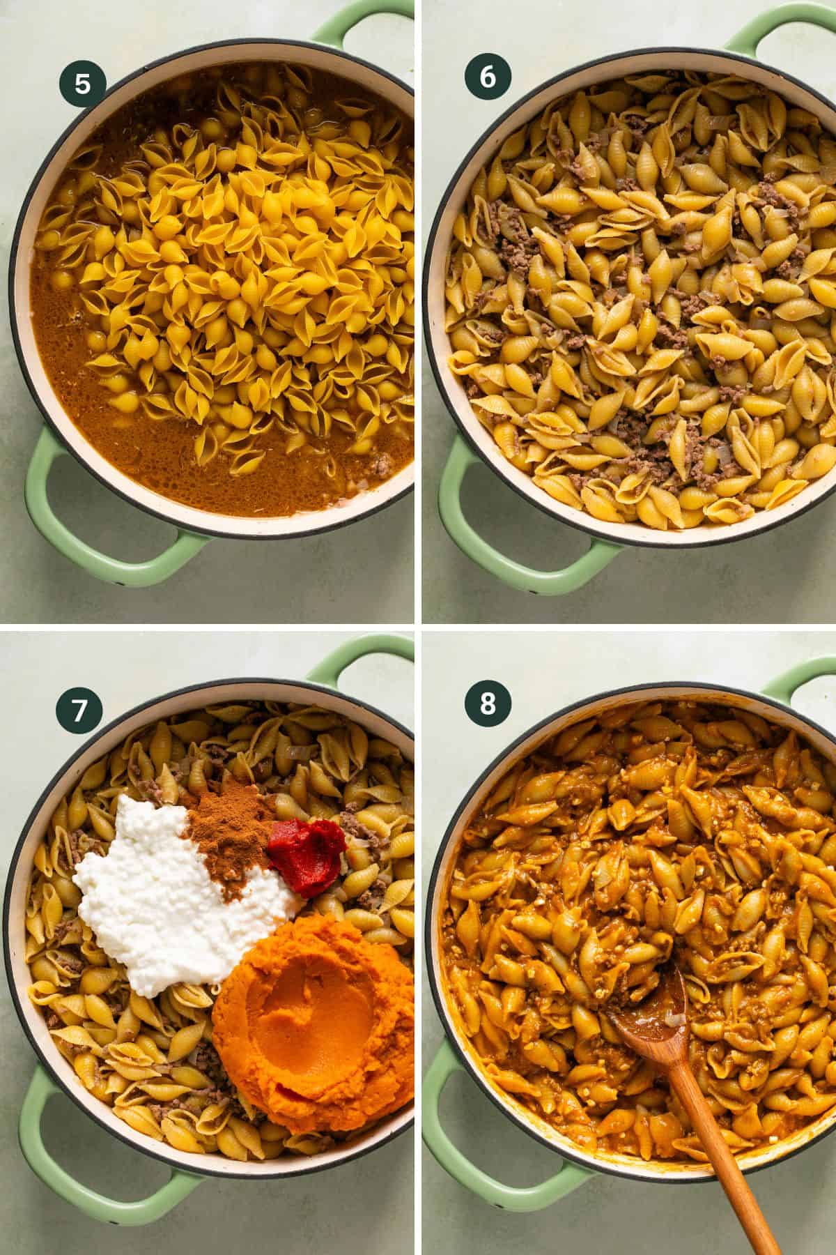 Four images showing how to add the pasta shells to the liquid to cook and adding the pumpkin and cottage cheese to make the creamy sauce. 