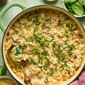 A large skillet full of creamy pasta with sun dried tomatoes and basil strips on top and spoon for serving.