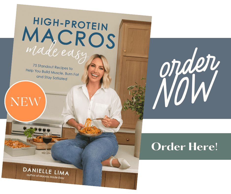 A cookbook titled High-Protein Macros Made Easy is shown. The cover features a smiling person sitting on a kitchen counter with a bowl of pasta. Text says order NOW and highlights NEW and Order Here! in a promotional style.