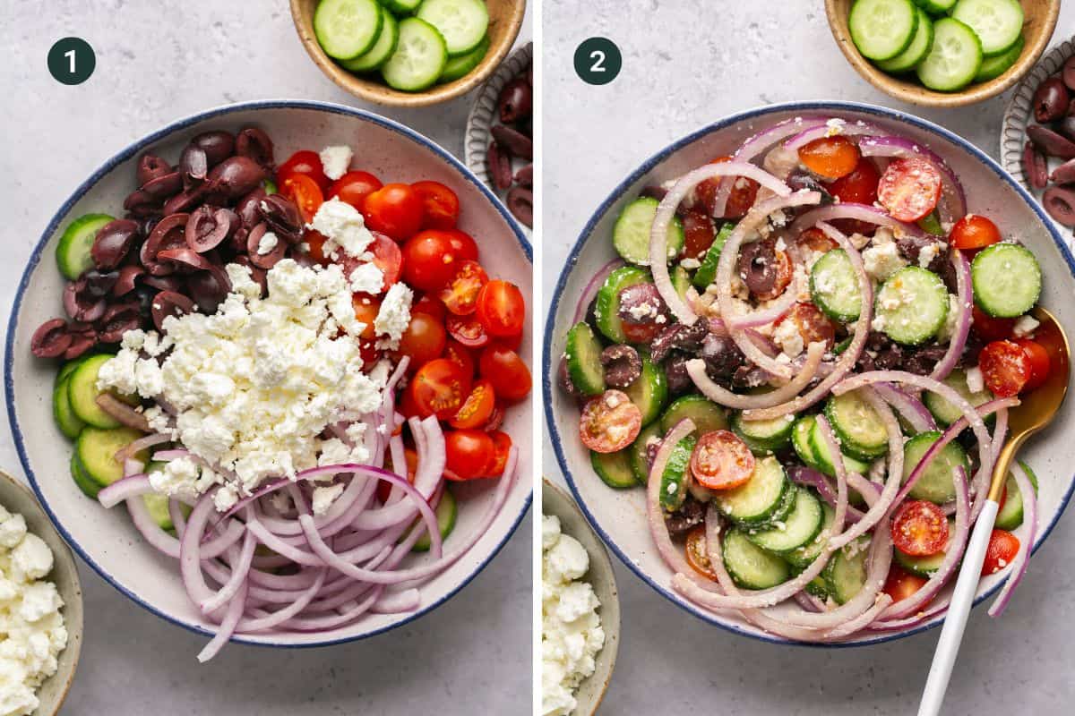 Two bowls of Greek salad are shown. On the left, ingredients are separated: feta cheese, olives, cherry tomatoes, cucumber slices, and red onion. The bowl on the right reveals a delightful Mediterranean chopped salad with the same colorful ingredients perfectly mixed with a visible dressing.