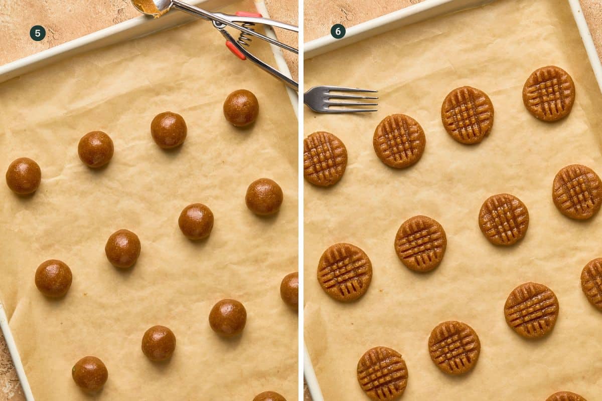 One image with cookie balls on a parchment paper lined baking sheet and another image of them after being smashed with a fork to make a crisscross pattern on the top.