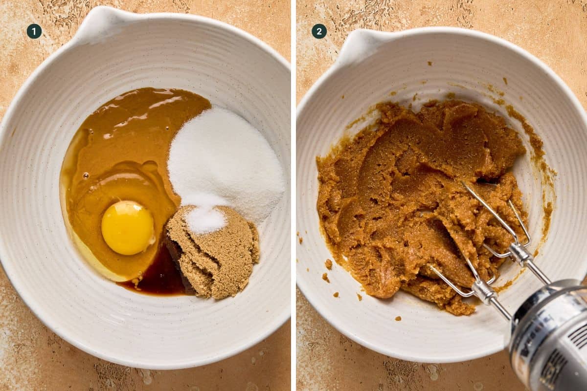 Sugars, egg, vanilla extract and peanut butter in a bowl and then shown mixed together with a hand mixer. 