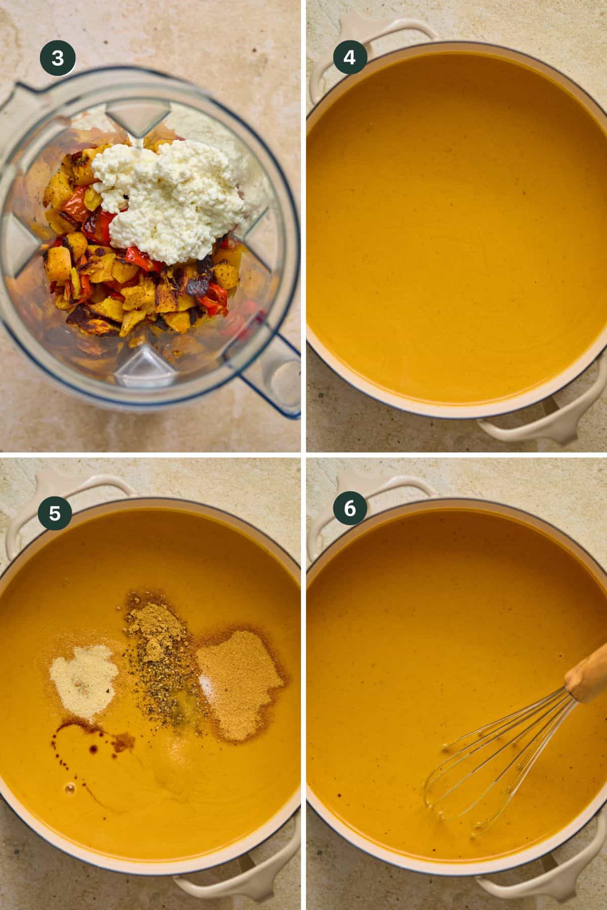 Four images showing adding the roasted veggies, cottage cheese, broth, salt, onion powder, garlic powder, ginger, and coconut aminos in a food processor to blend until smooth then poured into a soup pot to warm, whisk and top with fresh cracked pepper. 