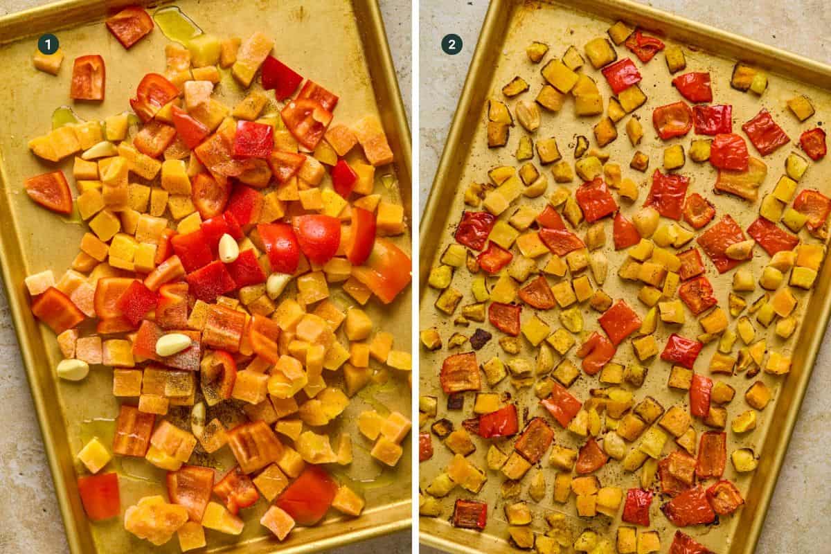 Butternut squash, red bell pepper, onion, salt, pepper and olive oil on a baking sheet to roast for soup. 